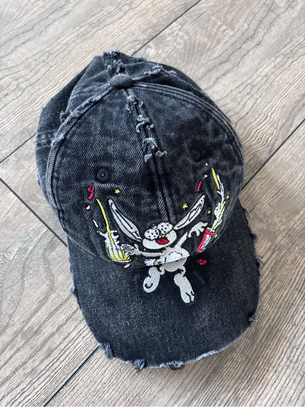 Martine Rose Black Distressed Baseball Cap with Embroidered Bunny